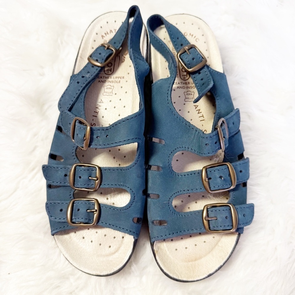 Fly Flot Italian Comfort Leather Anatomic Sandals – Blue – Size 38 (US 7.5–8)